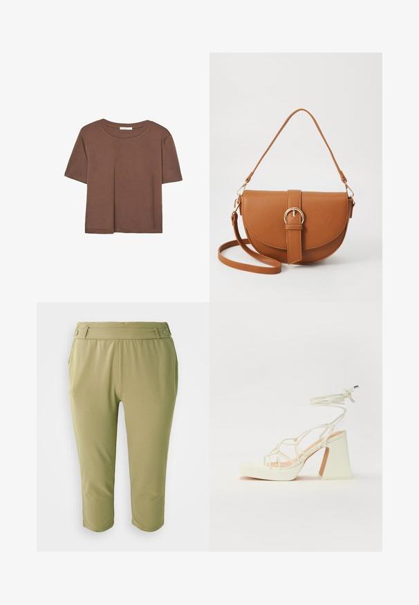 Brun kortärmad t-shirt i mjukt tyg, med rund halsringning och avslappnad passform. Inga synliga mönster eller detaljer.; Kakifärgade capribyxor i slät tyg, med en flat framdel på midjan med knappdetaljer och sidofickor.; Vit högklackad sandal med en kraftig klack, med ett remdesign och ankelband. Slät textur med en plattform framtill för ökad höjd.; Brun läder crossbody-väska med en böjd form, gyllene detaljer och en spänneaccent. Har en avtagbar axelrem.