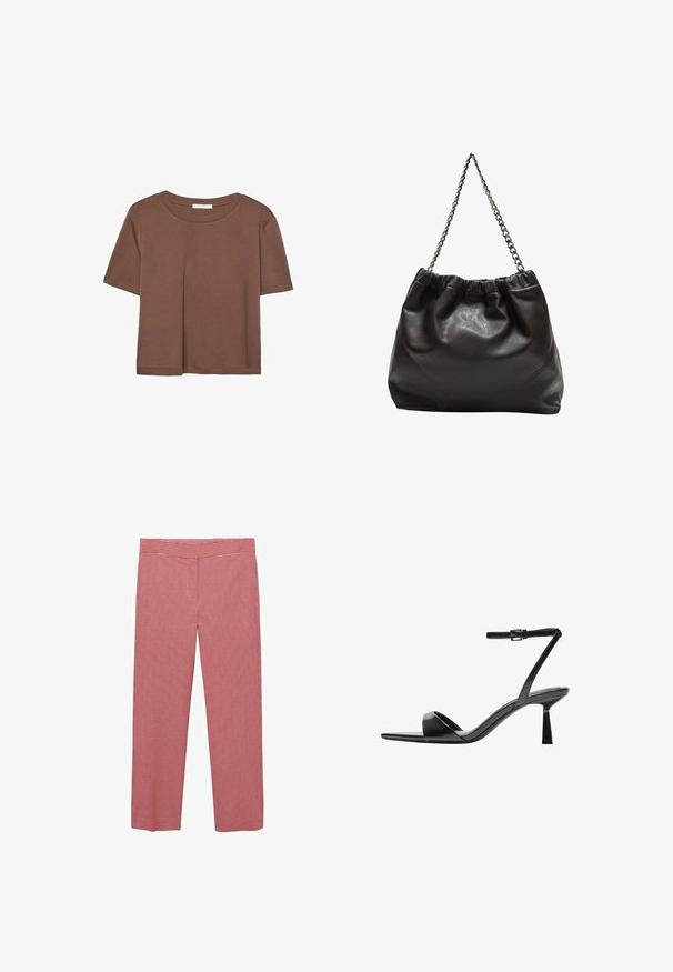 Rjava kratka majica s kratkimi rokavi iz mehkega materiala, s krožnim izrezom in ohlapnim krojem. Brez vidnih vzorcev ali dodatkov.; Rdeča in bela karirana hlača s širokimi nogavicami, gladko teksturo in srednjim dvignjenim pasom. Primerne za vsakodnevno nošnjo.; Bershka Sandali z visoko peto - black; Rjava usnjena torba z nabranim vrhom in verižnim trakom. Gladka tekstura z sijajno površino in subtilnimi šivi na straneh.