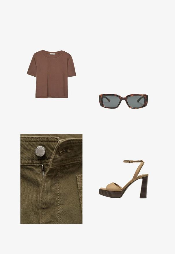 Kahvinsävyinen lyhythihainen t-paita, joka on valmistettu pehmeästä kankaasta. Pyöreä pääntie ja rento malli. Ei näkyviä kuvioita tai koristeita.; Oliivivihreä puuvillakangas, jossa on näkyvä vetoketjukiinnitys ja metallinen nappikoristelu; ominaisuuksiin kuuluu ompelu ja sivutasku.; Beige-nahkareunaiset korkokengät, joissa on leveä etuolka ja ankle strap, varustettu paksulla puukengän korolla, jossa on tekstuuripinta.; Silmälasit pähkinäkuoresta, joissa on suorakulmaiset linssit, paksut kehykset ja tummennetut linssit. Sileä pinta ja minimalistinen muotoilu.