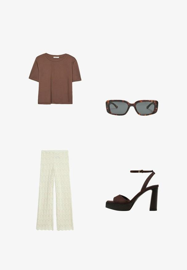 Brun kortærmet t-shirt lavet af blødt stof, med rund halsudskæring og afslappet pasform. Ingen synlige mønstre eller detaljer.; Hvide vidde strikkede bukser med zigzag-mønster og udskæringer samt bølget kant. Blødt, åndbart materiale velegnet til afslappet brug.; Brune ruskinds højhælede sandal med åben tå, justerbar ankelrem og en stribet plade sål.; Skildpaddedesolbriller med rektangulære linser, tykke stel og mørkt tonede linser. Glat tekstur og minimalistisk design.