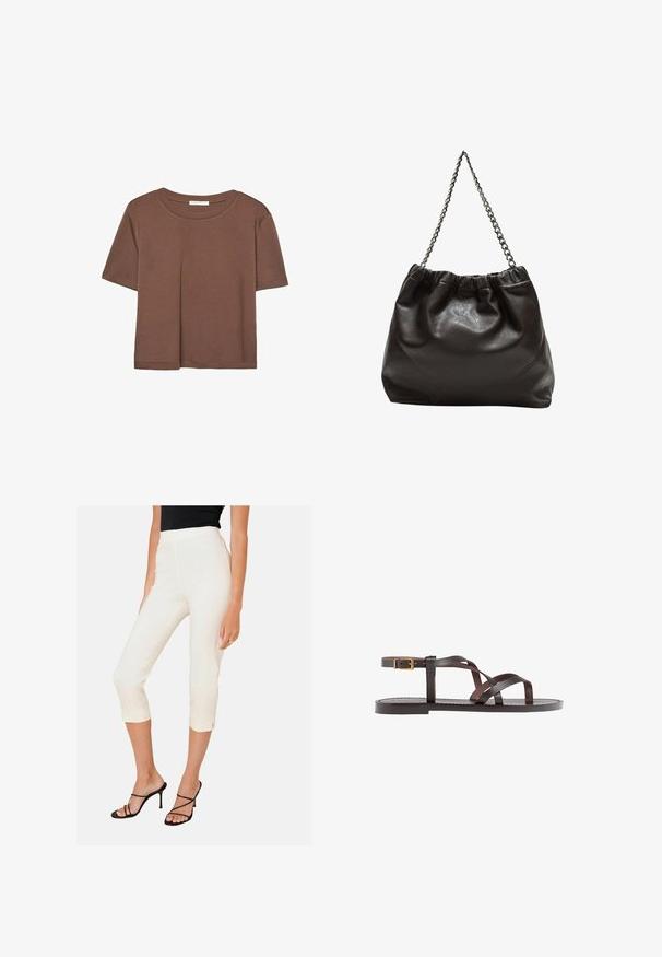 Smeđi kratki rukav majica od mekog materijala, s okruglim izrezom i opuštenim krojem. Nema vidljivih uzoraka ili naglasaka.; Bijele skraćene hlače s uskim dizajnom i bočnim prorezima na rubu, u kombinaciji s crnim sandalama na visoku petu. Glatka tkanina s poliranim završetkom.; Smeđe kožne sandale s iskrižanim trakama, umetkom za zapešće s kopčanjem i ravnim potplatom s minimalnim detaljima šivanja.; Smeđa kožna torba s naboranim vrhom i lančićem za nošenje. Glatka tekstura s sjajnim završetkom i suptilnim šavnim detaljima sa strane.
