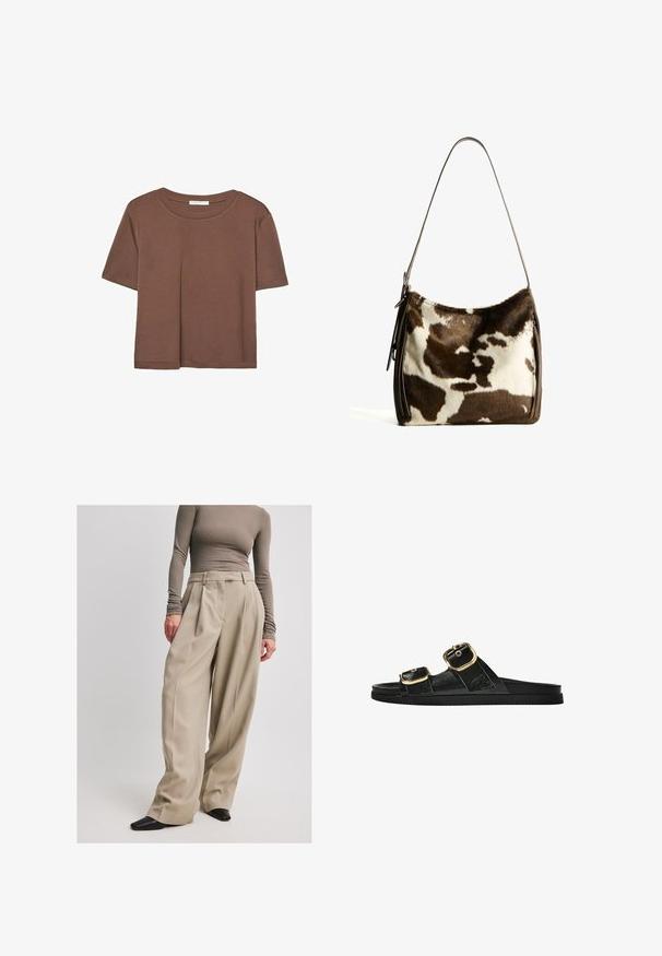 Brun kortärmad t-shirt i mjukt tyg, med rund halsringning och avslappnad passform. Inga synliga mönster eller detaljer.; NA-KD Tygbyxor - beige; Svart glidsandal med två guldfärgad spännen, slät textur av material, platt sula och en minimalistisk design.; Brun och krämfärgad ko-läder axelväska med ett slätt läderband, dragkedjestängning och en mjuk, texturerad yta med ett naturligt mönster.