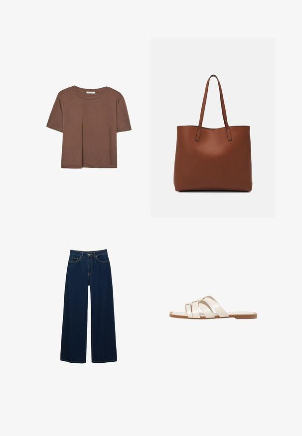 Kahvinsävyinen lyhythihainen t-paita, joka on valmistettu pehmeästä kankaasta. Pyöreä pääntie ja rento malli. Ei näkyviä kuvioita tai koristeita.; Tyylikkäät tummansiniset leveälahkeiset farkut, joissa on korkea vyötärö, kontrastiväriset ompeleet, etutaskut ja nappikiinnitys.; Tason vaaleanruskealla kumipohjalla, jossa on kolme päällekkäistä valkoista nahkaremmiä ja pieni satiininen rusetti keskellä.; Ruskea nahkainen olkalaukku, jossa on sileä pinta, avoin yläosa ja kaksi olkahihnaa. Omaavat vain minimaalisen ompelun eikä näkyvää metalliosaa.