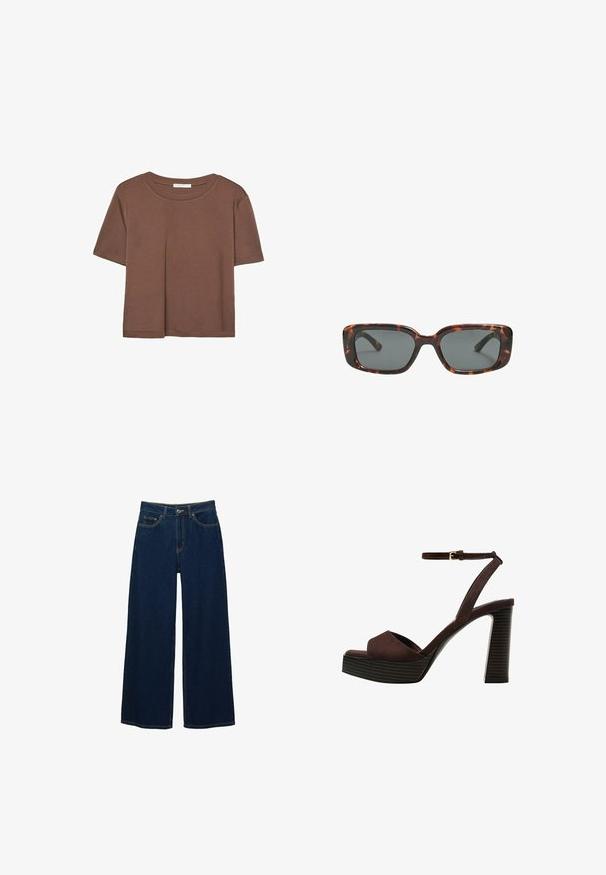 Brązowa koszulka z krótkim rękawem, wykonana z miękkiego materiału, z okrągłym dekoltem i luźnym krojem. Brak widocznych wzorów lub akcentów.; Szare jeansy o szerokich nogawkach, wykonane z denimu, z wysokim stanem, kontrastowym przeszyciem, przednimi kieszeniami i zapięciem na guzik oraz zamek.; Brązowe zamszowe sandały na wysokim obcasie z odkrytymi palcami, regulowanym paskiem na kostce i paskowatą podeszwą.; Okulary przeciwsłoneczne w kratkę w kształcie prostokątnym, z grubymi oprawkami i ciemnymi szkłami. Gładka faktura i minimalistyczny design.
