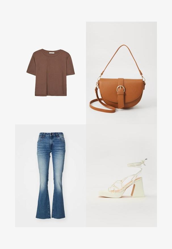 Braunes, kurzärmliges T-Shirt aus weichem Material mit rundem Halsausschnitt und lockerer Passform. Keine sichtbaren Muster oder Akzente.; Blaue Jeans aus Denim mit einem ausgestellten Design, mittelhohem Bund und einem Farbverlauf, der von Dunkelblau zu Hellblau übergeht, mit Fünf-Taschen-Stil.; Weiße High-Heel-Sandale mit einem klobigen Absatz, die über ein Riemchendesign und ein Knöchelband verfügt. Glatte Textur mit einer Plattform vorne für zusätzliche Höhe.; Braune Leder-Crossbody-Tasche mit geschwungener Form, goldfarbenen Beschlägen und einer Schnallenakzentuierung. Verfügt über einen abnehmbaren Schultergurt.
