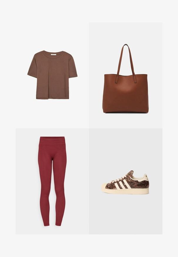 Maglietta a maniche corte marrone realizzata in tessuto morbido, con scollatura rotonda e vestibilità rilassata. Nessun motivo o dettaglio visibile.; Leggings bordeaux con una vita alta e strutturata, design aderente e texture del tessuto liscia. Nessun motivo visibile o dettagli hardware.; Sneaker marrone con stampa serpente, dettagli bianchi e accenti crema. Presenta una punta arrotondata, una parte superiore testurizzata e una morbida fodera interna.; Borsa tote in pelle marrone con texture liscia, design con apertura superiore e due spallacci. Presenta cuciture minime e nessun hardware visibile.