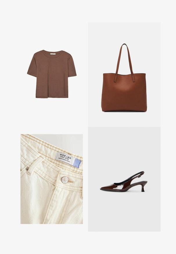Hnědé tričko s krátkým rukávem vyrobené z měkké látky, s kulatým výstřihem a volným střihem. Bez viditelných vzorů nebo dekorací.; Široké, vysoké džíny z měkké, krémově bílé látky. Mají prošité švy a kovový knoflík s detaily značky a štítkem.; Hnědé lakované kožené slingback boty s špičatou špičkou a mírným podpatkem. Disponují přezkou pro bezpečné upevnění. Hladký povrch.; Hnědá kožená taška přes rameno s hladkou texturou, otevřeným designem a dvěma ramenními popruhy. Obsahuje minimální švy a žádné viditelné kovové prvky.