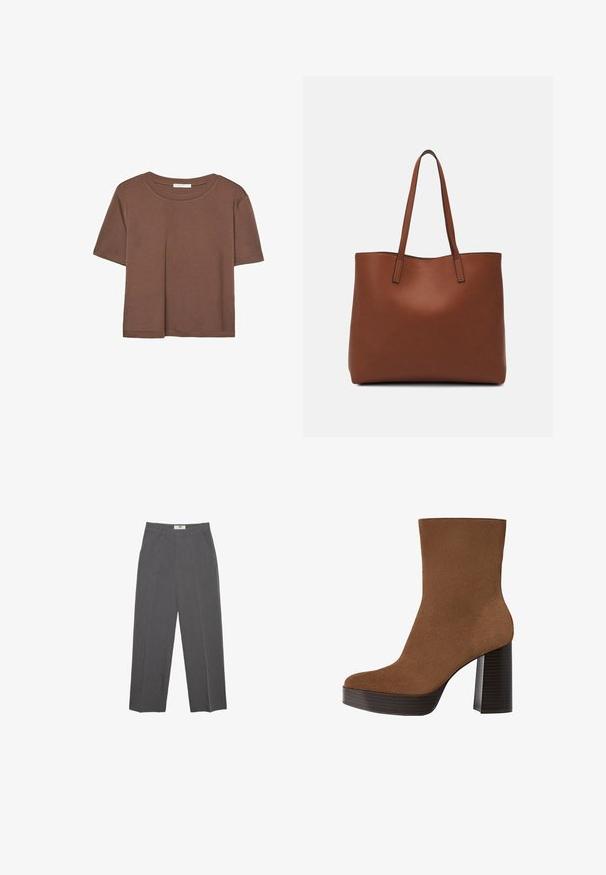 T-shirt marron à manches courtes en tissu doux, avec un col rond et une coupe décontractée. Aucun motif ni accent visible.; Pantalons droits gris en tissu texturé, avec une taille mi-haute, des passants de ceinture et des poches latérales. Aucun motif ou accent visible.; Botte cheville en suède marron avec un bout rond, un large talon à rayures noires et une surface lisse. Présente un design ajusté sans quincaillerie visible.; Sac fourre-tout en cuir marron avec une texture lisse, design à ouverture supérieure et deux poignées pour le porter à l'épaule. Présente des coutures minimales et aucun matériel visible.