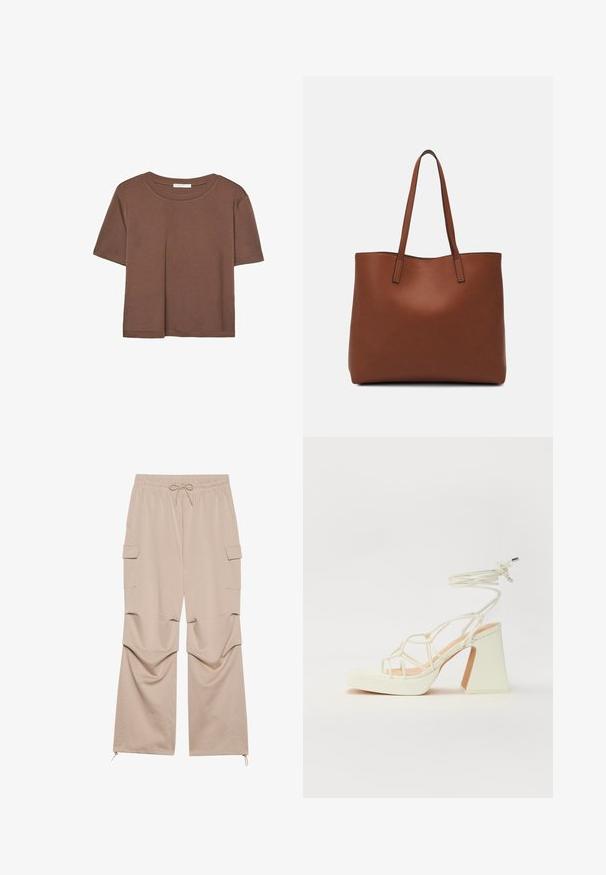 Rjava kratka majica s kratkimi rokavi iz mehkega materiala, s krožnim izrezom in ohlapnim krojem. Brez vidnih vzorcev ali dodatkov.; Bež cargo hlače z elastičnim pasom, vrvico, dvema stranskima žepoma in zadrgo na konicah, izdelane iz mehke, strukturirane tkanine.; Bela sandala na visokih petah s debelim petam, ki ima obliko trakcev in vezanje okoli gležnja. Gladka tekstura z platformo spredaj za dodatno višino.; Rjava usnjena torba z gladko teksturo, odprto zasnovo zgoraj in dvema naramnima trakovoma. Opremljena je z minimalnim šivanjem in brez vidnih kovinskih delov.