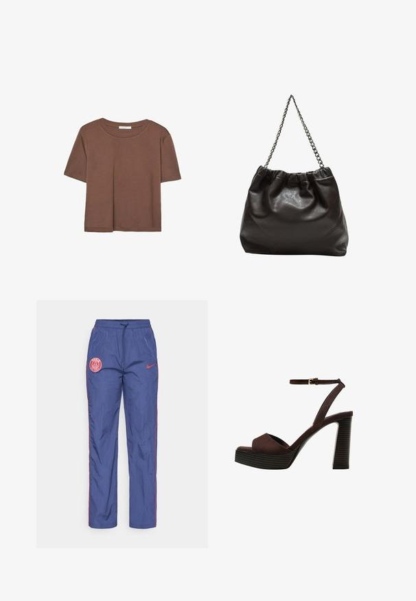 Kahvinsävyinen lyhythihainen t-paita, joka on valmistettu pehmeästä kankaasta. Pyöreä pääntie ja rento malli. Ei näkyviä kuvioita tai koristeita.; Siniset Paris Saint-Germain Nike -treenihousut, joissa on punaiset logopaket, punaiset saumat sivuilla ja joustava vyötärönyöri.; Ruske kožne sandale s visokom potpeticom, otvorenim prstima, podesivim kopčanjem oko gležnja i prugastim platformskim đonom.; Ruskea nahkainen laukku, jossa on kerätty yläosa ja ketjuhihna. Tasainen pinta, jossa kiiltävä viimeistely ja hienovaraiset sauman yksityiskohdat sivuilla.