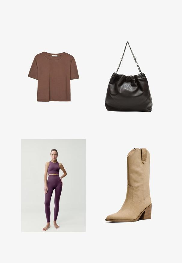 Hnedé tričko s krátkym rukávom vyrobené z jemného materiálu, s okrúhlym výstrihom a voľným strihom. Žiadne viditeľné vzory ani akcenty.; Fialová športová súprava s krátkym topom s textúrovaným detailom a legínami s vysokým pásom a viditeľnými švami, nosená naboso.; Bershka HIGH-HEEL - Kovbojské/motorkárske čižmy - beige; Hnedá kožená taška so zberaným vrchom a reťazovým popruhom. Hladký povrch s lesklým finišom a jemným švom po stranách.