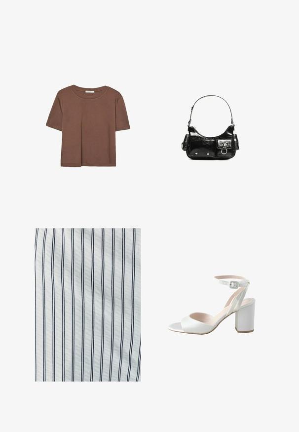 Kahvinsävyinen lyhythihainen t-paita, joka on valmistettu pehmeästä kankaasta. Pyöreä pääntie ja rento malli. Ei näkyviä kuvioita tai koristeita.; Puuvillakangas, jossa on pystysuoria valkoisia ja tummansinisiä raitoja. Kankaan pinta on sileä, ja viivojen välinen etäisyys on tasainen.; Valkoiset korkeakorkoiset sandaalit, joissa on kiiltävä satiini päällinen, leveä paksu korko ja nilkkaremmi, jossa on pieni solki. Pintakuvio on sileä ja suunnittelu yksinkertainen.; Mustekko mustasta kiiltonahasta valmistettu käsilaukku, jossa on kaareva muoto, yksi olkahihna, etutaskut ja hopeanväriset yksityiskohdat.