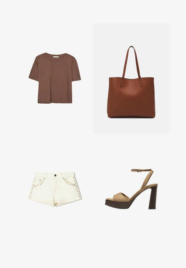 Hnedé tričko s krátkym rukávom vyrobené z jemného materiálu, s okrúhlym výstrihom a voľným strihom. Žiadne viditeľné vzory ani akcenty.; Bershka Šortky - white; Bežové semišové sandále na vysokom opätku s širokým predným pásom a pásikom okolo členka, ktoré majú masívny drevený blokový opätok s textúrovaným povrchom.; Hnedá kožená taška na rameno s hladkou textúrou, otvoreným vrchom a dvoma ramenými popruhmi. Má minimálne šitia a žiadne viditeľné kovania.
