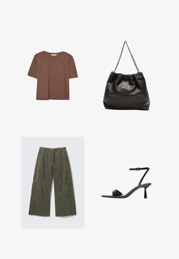 T-shirt marron à manches courtes en tissu doux, avec un col rond et une coupe décontractée. Aucun motif ni accent visible.; Pantalons larges en tissu vert olive, dotés d'une taille élastique, de coutures visibles et d'une coupe décontractée avec des coutures latérales.; Bershka Sandales à talons hauts - black; Sac en cuir marron avec un haut froncé et une bandoulière en chaîne. Texture lisse avec une finition brillante et des coutures subtiles sur les côtés.