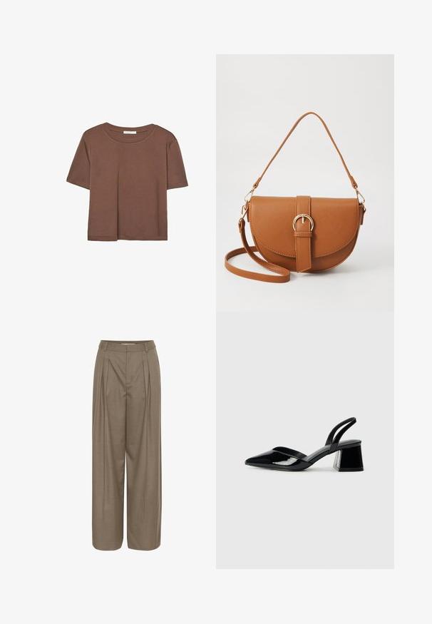 Rjava kratka majica s kratkimi rokavi iz mehkega materiala, s krožnim izrezom in ohlapnim krojem. Brez vidnih vzorcev ali dodatkov.; Plisirane hlače širokega kroja v svetlo rjavi tkanini, z urejenim pasom in gladko teksturo, zasnovane za udobje in vsestranskost.; Črne lakirane slingback pete s koničastim nosom in geometrijsko blokasto peto. Imajo eleganten, minimalističen dizajn in gladko teksturo.; Rjava usnjena torbica prek telesa s ukrivljeno obliko, zlate opreme in sponko. Ima odstranljiv naramni trak.