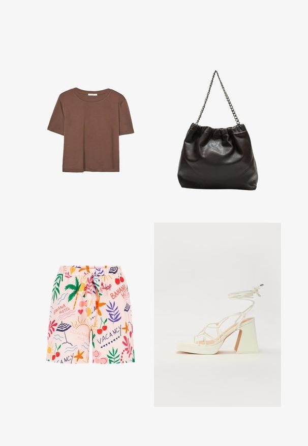 Kahvinsävyinen lyhythihainen t-paita, joka on valmistettu pehmeästä kankaasta. Pyöreä pääntie ja rento malli. Ei näkyviä kuvioita tai koristeita.; Vaaleanpunaisten uimapolvien leikkisä painatus, jossa on palmuja, sateenvarjoja, kirsikoita ja lomateemaisia graafisia kuvastoja, varustettuna kiristysnyörillä.; Valkoinen korkokenkä, jossa on paksu korko, ja joka sisältää nauhakiinnityksen ja nilkkaketjun. Sujuva pinta, jossa on platform-etupohja lisäkorkeutta varten.; Ruskea nahkainen laukku, jossa on kerätty yläosa ja ketjuhihna. Tasainen pinta, jossa kiiltävä viimeistely ja hienovaraiset sauman yksityiskohdat sivuilla.