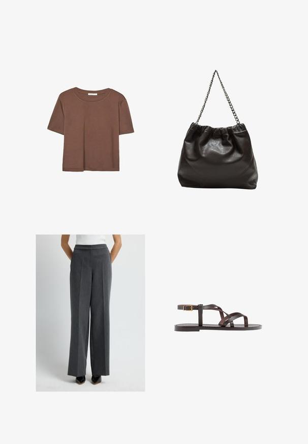 Brązowa koszulka z krótkim rękawem, wykonana z miękkiego materiału, z okrągłym dekoltem i luźnym krojem. Brak widocznych wzorów lub akcentów.; Szare, dopasowane spodnie wide-leg z płaskim przodem, pionowymi paskami i kieszeniami. Gładka tkanina z wełny, wykończona czystym dołem.; Brązowe skórzane sandały z krzyżującymi się paskami, zapięciem na klamrę przy kostce oraz płaską podeszwą z minimalnymi detalami szycia.; Brązowa skórzana torba z marszczonym szczytem i łańcuszkowym paskiem. Gładka tekstura z błyszczącym wykończeniem i subtelnymi detalami szwów po bokach.