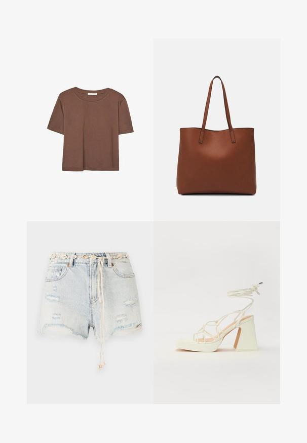Smeđi kratki rukav majica od mekog materijala, s okruglim izrezom i opuštenim krojem. Nema vidljivih uzoraka ili naglasaka.; Džins šortse u svijetloplavoj boji s izlizanim detaljima i razderanim rubovima. Sadrži dekorativni pojas od školjki i remen s povlačenjem s bež akcentima.; Bijela sandala na visokoj potpetici s debelim petom, s remenom i vezanjem oko gležnja. Glatka tekstura s platformom sprijeda za dodatnu visinu.; Smeđa kožna torba preko ramena s glatkom teksturom, otvorenim vrhom i dvjema naramenicama. Ima minimalne šavove i nema vidljivog hardvera.