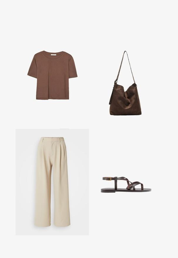 Brun kortærmet t-shirt lavet af blødt stof, med rund halsudskæring og afslappet pasform. Ingen synlige mønstre eller detaljer.; Beige vidde bukser med høj talje, plisseret front og glat stoftekstur. Ingen synlige lukninger eller mønstre.; Brune lædersandal med krydsende stropper, ankelspænde og en flad sål med minimale syninger.; Brun suede hobo taske med en buet top, en lang rem med prikkede detaljer og en blød tekstur. Har et slouchy design til afslappet brug.