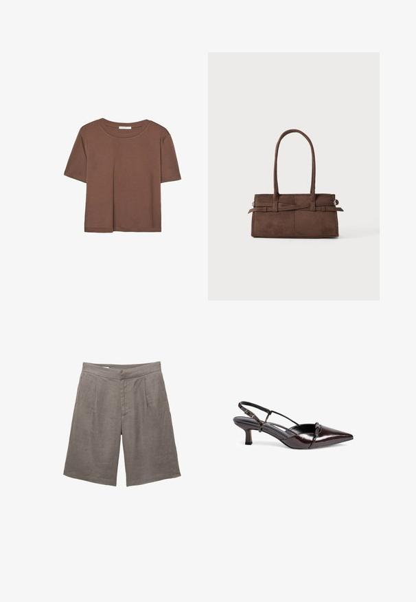 Rjava kratka majica s kratkimi rokavi iz mehkega materiala, s krožnim izrezom in ohlapnim krojem. Brez vidnih vzorcev ali dodatkov.; Sive lanene kratke hlače z sproščenim krojem, ki imajo raven sprednji del, dve sprednji naborki in stranske žepke. Gladka struktura brez vidnih vzorcev.; Rjavi patent usnjeni slingback čevelj s koničastim nosom, majhnim blokom peto, obliko čezščevljenka in okrasno pentljo na sprednjem delu.; Rjava semiš torba z dvema robustnima ročajema, pravokotne oblike in dekorativnim trakom po sprednji strani.