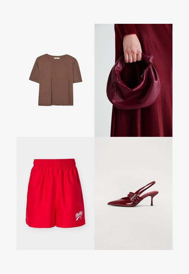 Hnědé tričko s krátkým rukávem vyrobené z měkké látky, s kulatým výstřihem a volným střihem. Bez viditelných vzorů nebo dekorací.; Červené atletické šortky vyrobené z lehké tkaniny s elastickým pasem. Na dolní levé straně se nachází bílé logo Nike.; Červené lakované kožené lodičky na podpatku s špičatou špičkou, dvěma přezkami a štíhlým, středně vysokým jehlovým podpatkem. Hladký povrch.; Burgundská kožená kabelka s měkkým, nabíraným designem a zaobleným tvarem. Ucho je zajištěné a vykazuje hladkou texturu.