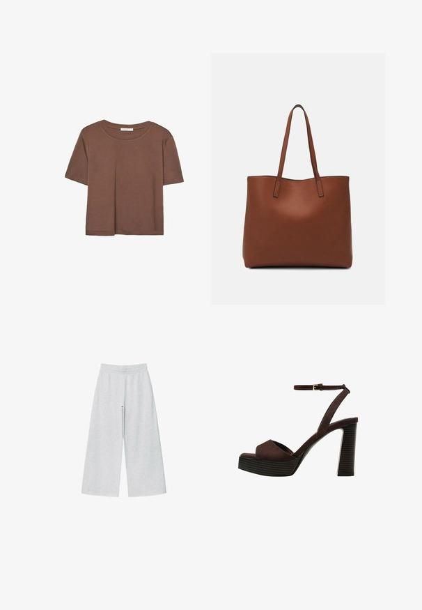 Brun kortærmet t-shirt lavet af blødt stof, med rund halsudskæring og afslappet pasform. Ingen synlige mønstre eller detaljer.; Lys grå vidtgående bukser lavet af blødt stof med elastisk talje. Designet har en løs pasform for komfort og bevægelsesfrihed.; Brune ruskinds højhælede sandal med åben tå, justerbar ankelrem og en stribet plade sål.; Brun læder tote taske med en glat overflade, åben topdesign og to skulderremme. Har minimal syning og ingen synlig hardware.