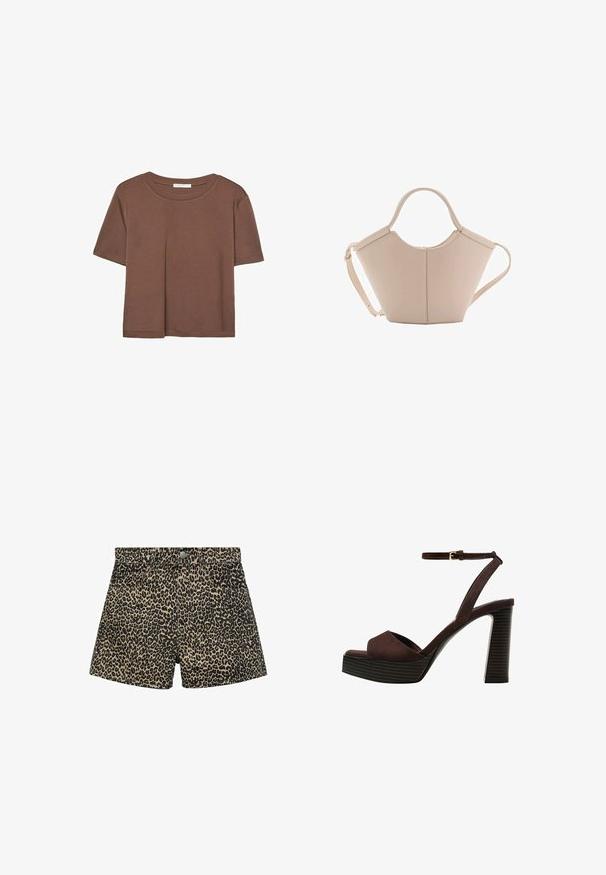 Brown short-sleeve t-shirt made of soft fabric, with a round neckline and relaxed fit. No visible patterns or accents.; Leopard print denim shorts featuring a high waist, decorative stitching, five pockets, and a button closure. Black and tan color scheme.; Brown suede high-heeled sandal with an open toe, adjustable ankle strap, and a striped platform sole.; Beige leather handbag with a unique shape, featuring two short handles and a long adjustable strap. Smooth texture with minimal hardware.