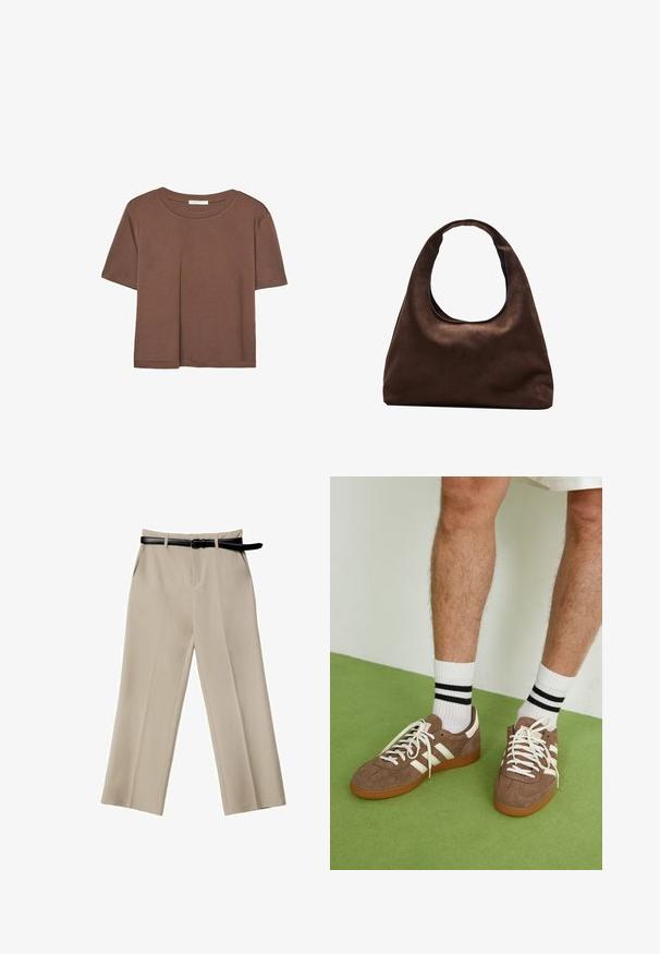 Korte mouwen T-shirt in bruin, gemaakt van een zachte stof, met een ronde halslijn en een relaxte pasvorm. Geen zichtbare patronen of accenten.; Beige wijde broek met een gladde textuur, voorzakken en een zwarte leren riem. Tailored ontwerp met scherpe plooien.; Bruine suède sneakers met witte accenten en veters. Rubberen gumzool. Draag met witte sokken met zwarte strepen. Groene gestructureerde vloer.; Zachte bruine hobo-stijl handtas met een enkele brede schouderband en een gebogen opening aan de bovenkant, weergegeven op een witte achtergrond.