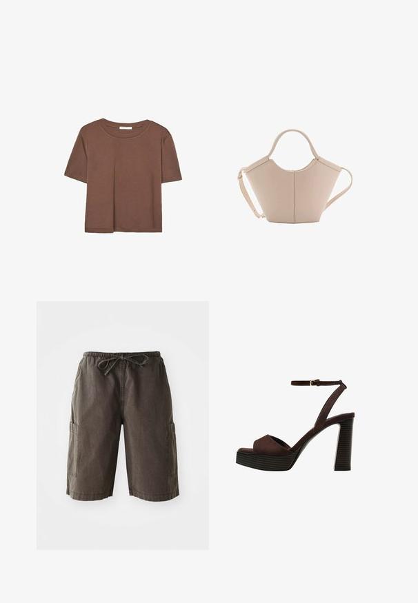 Smeđi kratki rukav majica od mekog materijala, s okruglim izrezom i opuštenim krojem. Nema vidljivih uzoraka ili naglasaka.; Cargo kratke hlače od tamnosive tkanine, s elastičnim pojasom i vezicom, bočnim džepovima i laganim krojem. Izdržljiv materijal.; Smeđe zamšaste sandale s visokim potpeticama, otvorenim prstima, podesivom trakicom oko gležnja i prugastom platformom.; Bež kožna torba jedinstvenog oblika, s dva kratka ručka i dugom podesivom trakom. Glatka tekstura s minimalnim metalnim dodacima.