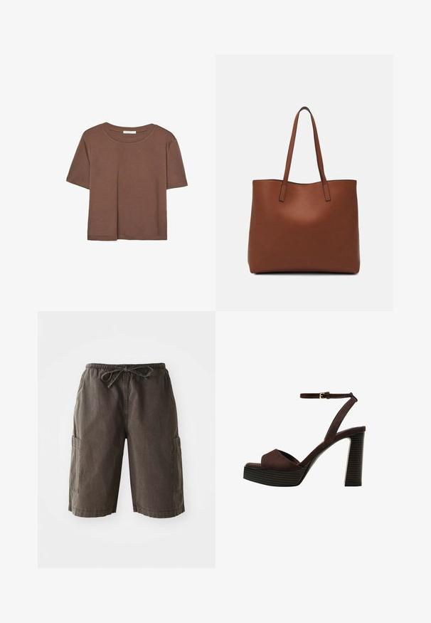 T-shirt marron à manches courtes en tissu doux, avec un col rond et une coupe décontractée. Aucun motif ni accent visible.; Shorts cargo en tissu gris foncé, dotés d'une taille élastique avec cordon de serrage, de poches latérales et d'une coupe décontractée. Matériau durable.; Sandale à talons hauts en suede marron avec un bout ouvert, une bride de cheville réglable et une semelle de plateforme rayée.; Sac fourre-tout en cuir marron avec une texture lisse, design à ouverture supérieure et deux poignées pour le porter à l'épaule. Présente des coutures minimales et aucun matériel visible.