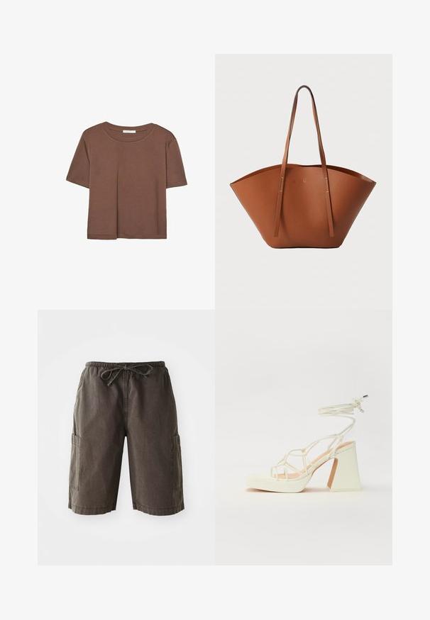 Brun kortärmad t-shirt i mjukt tyg, med rund halsringning och avslappnad passform. Inga synliga mönster eller detaljer.; Cargo shorts i mörkgrått tyg, med elastisk midja och dragsko, sidofickor och avslappnad passform. Hållbart material.; Vit högklackad sandal med en kraftig klack, med ett remdesign och ankelband. Slät textur med en plattform framtill för ökad höjd.; Brun läder tote-väska med en bred, strukturerad form, tunna handtag och en texturerad yta. Den har en minimalistisk design utan synlig hårdvara.