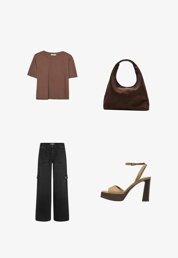 Brun kortærmet t-shirt lavet af blødt stof, med rund halsudskæring og afslappet pasform. Ingen synlige mønstre eller detaljer.; Sorte cargo-bukser med afslappet pasform, elastisk talje, flere frontlommer og sidelommer. Fremstillet af slidstærkt denim-materiale.; Beige ruskinds højhælede sandaler med en bred foranrem og ankelrem, der har en kraftig træblokhæls struktur.; Blød brun hobo-stil håndtaske med en enkelt bred strop og en buet åbning på toppen, vist på en hvid baggrund.