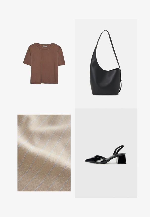 T-shirt marron à manches courtes en tissu doux, avec un col rond et une coupe décontractée. Aucun motif ni accent visible.; Tissu beige clair avec un tissage texturé, comportant de fines rayures bleues verticales. Texture douce et apparence légèrement froissée.; Escarpins en cuir verni noir avec bout pointu et talon bloc géométrique. Présente un design élégant et minimaliste ainsi qu'une texture lisse.; Sac hobo en cuir noir avec une texture lisse, une forme incurvée et une seule sangle réglable ; dispose d'une large ouverture en haut.