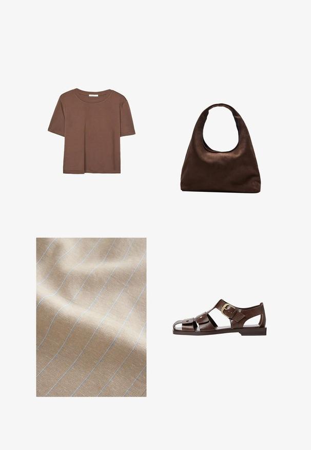 Brązowa koszulka z krótkim rękawem, wykonana z miękkiego materiału, z okrągłym dekoltem i luźnym krojem. Brak widocznych wzorów lub akcentów.; Jasno beżowa tkanina o fakturowanym splocie, z cienkimi niebieskimi paskami biegnącymi pionowo. Miękka faktura i lekko pognieciony wygląd.; Brązowe skórzane sandały z wycięciami, regulowanym zapięciem po boku i płaską podeszwą, z metalowymi akcentami i otwartym noskiem.; Miękka, brązowa torebka w stylu hobo z jedną szeroką rączką i wyprofilowanym otwarciem, wyeksponowana na białym tle.