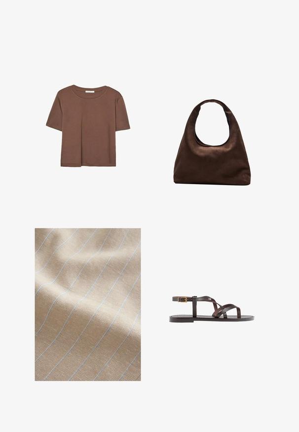 Brązowa koszulka z krótkim rękawem, wykonana z miękkiego materiału, z okrągłym dekoltem i luźnym krojem. Brak widocznych wzorów lub akcentów.; Jasno beżowa tkanina o fakturowanym splocie, z cienkimi niebieskimi paskami biegnącymi pionowo. Miękka faktura i lekko pognieciony wygląd.; Brązowe skórzane sandały z krzyżującymi się paskami, zapięciem na klamrę przy kostce oraz płaską podeszwą z minimalnymi detalami szycia.; Miękka, brązowa torebka w stylu hobo z jedną szeroką rączką i wyprofilowanym otwarciem, wyeksponowana na białym tle.