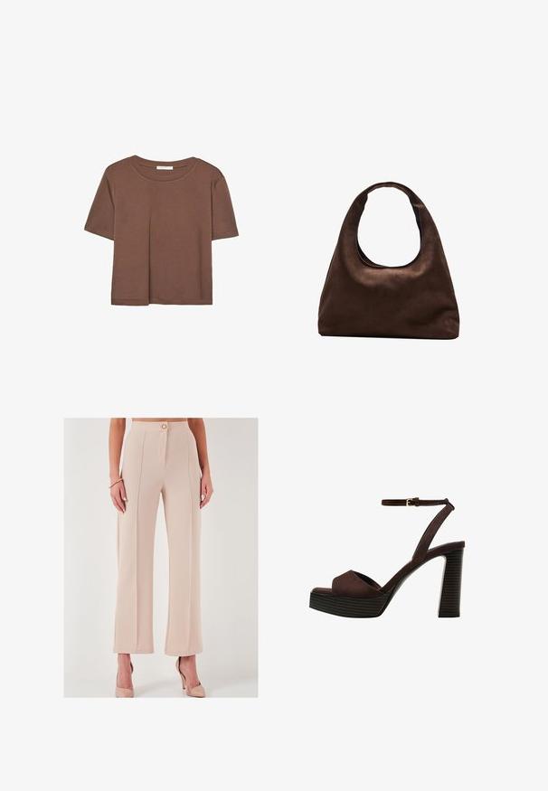 Rjava kratka majica s kratkimi rokavi iz mehkega materiala, s krožnim izrezom in ohlapnim krojem. Brez vidnih vzorcev ali dodatkov.; Bež hlače širokega kroja z visokim pasom, izdelane iz teksturirane tkanine, z zapiranjem na gumb spredaj in stranskimi žepi ter čistim dokončanjem.; Rjave semiš sandale z visoko peto, odprto spredaj, z nastavljivim gležnjenjem in črtastim podplatom.; Mehakna rjava torbica v hobo stilu z enim širokim trakom in ukrivljenim odprtjem na vrhu, prikazana na beli podlagi.