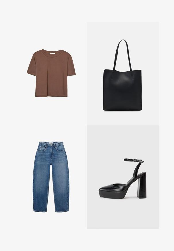 Hnědé tričko s krátkým rukávem vyrobené z měkké látky, s kulatým výstřihem a volným střihem. Bez viditelných vzorů nebo dekorací.; Džíny z modré denimu s vysokým pasem a rovnými nohavicemi, vybavené pěti kapsami, poutky na opasek a jemným vyblednutím pro přidanou texturu.; Černé platformové podpatky s špičatou špičkou a nastavitelným kotníkovým popruhem. Vyrobeny z hladké kůže, s masivním blokovým podpatkem.; Černá kožená taška přes rameno s hladkým povrchem, obdélníkovým tvarem a dvěma dlouhými uchy. Žádné viditelné kování ani ozdoby.