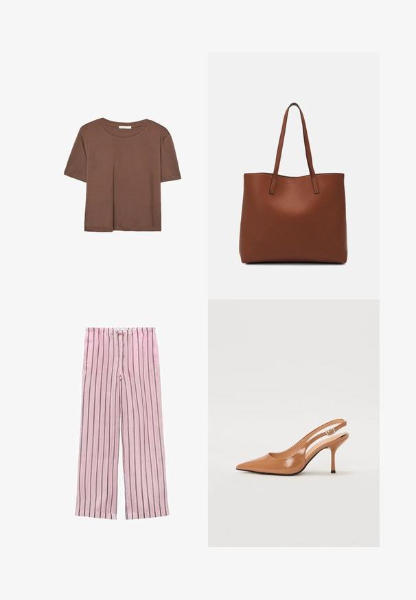 Rjava kratka majica s kratkimi rokavi iz mehkega materiala, s krožnim izrezom in ohlapnim krojem. Brez vidnih vzorcev ali dodatkov.; Roza prugasta široka hlače z navpičnimi črno-sivimi črtami. Narejene so iz lahkotnega blaga in imajo elastičen pas za udobje.; Slinčaste pete z ostro konico v gladkem, sijočem bež materialu. Imajo ukrivljen rez in vitko stiletto peto. Podrobnost s srebrno zaponko.; Rjava usnjena torba z gladko teksturo, odprto zasnovo zgoraj in dvema naramnima trakovoma. Opremljena je z minimalnim šivanjem in brez vidnih kovinskih delov.