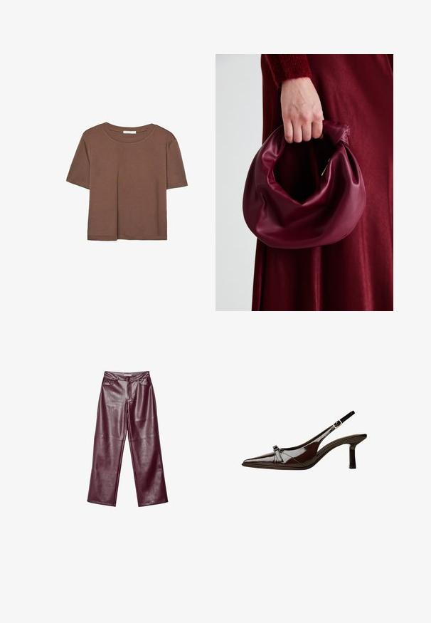 Smeđi kratki rukav majica od mekog materijala, s okruglim izrezom i opuštenim krojem. Nema vidljivih uzoraka ili naglasaka.; Burgundijske kožne hlače širokih nogavica s glatkom teksturom, s patentnim zatvaračem, prednjim džepovima i krojenim fitom.; Smeđe lakirane slingback cipele s upPointom, niskom petom i dekorativnom mašnom sprijeda. Glatka, sjajna tekstura.; Bordo kožni ruksač s mekim, naboranim dizajnom i zaobljenim oblikom. Ručka je sigurno pričvršćena, pokazujući glatku teksturu.
