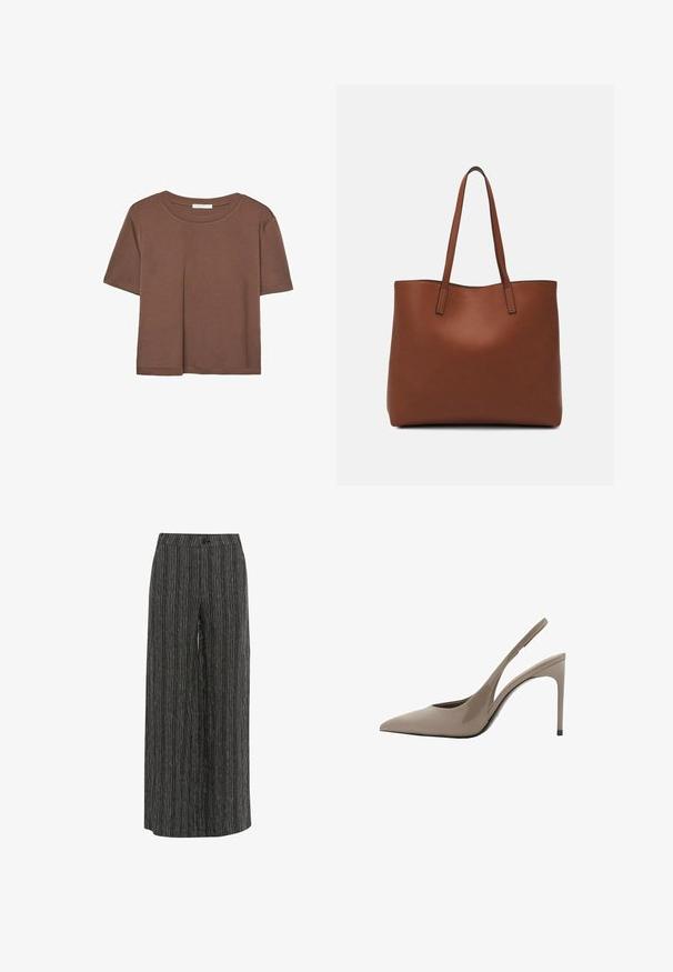 Brun kortärmad t-shirt i mjukt tyg, med rund halsringning och avslappnad passform. Inga synliga mönster eller detaljer.; Breda byxor i svart och vit randig tyg. Har knapplåsning och en mjuk textur. Designen erbjuder en lös passform och avslappnad silhuett.; Beiga patenterade läder sandletts med spetsig tå och slankt design, med en tunn hög klack och ett urtag på sidan.; Brun läder tote-väska med en slät textur, öppen toppdesign och två axelremmar. Har minimal söm och ingen synlig metalldetalj.