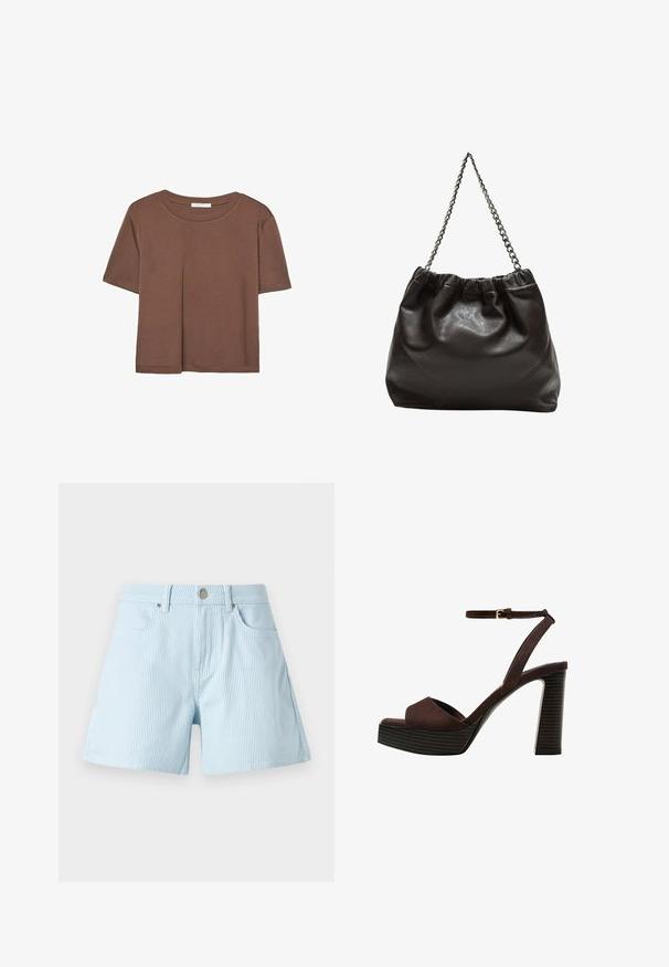 Rjava kratka majica s kratkimi rokavi iz mehkega materiala, s krožnim izrezom in ohlapnim krojem. Brez vidnih vzorcev ali dodatkov.; Svetlo modri kratki hlače z visokim pasom, sprednjimi žepi in zaponko iz kovine. Tkanina se ponaša z mehko teksturo in prilagojenim krojem.; Rjave semiš sandale z visoko peto, odprto spredaj, z nastavljivim gležnjenjem in črtastim podplatom.; Rjava usnjena torba z nabranim vrhom in verižnim trakom. Gladka tekstura z sijajno površino in subtilnimi šivi na straneh.