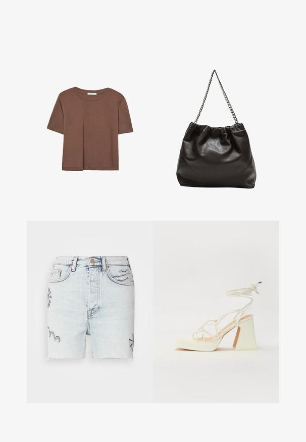 T-shirt marron à manches courtes en tissu doux, avec un col rond et une coupe décontractée. Aucun motif ni accent visible.; Des shorts en jean délavé présentent un ourlet effiloché, des motifs floraux brodés en bleu, et un style traditionnel à cinq poches avec une fermeture à bouton en métal.; Sandale blanche à talons hauts avec un talon épais, présentant un design à lanières et un lien autour de la cheville. Texture lisse avec une plateforme à l'avant pour une hauteur supplémentaire.; Sac en cuir marron avec un haut froncé et une bandoulière en chaîne. Texture lisse avec une finition brillante et des coutures subtiles sur les côtés.