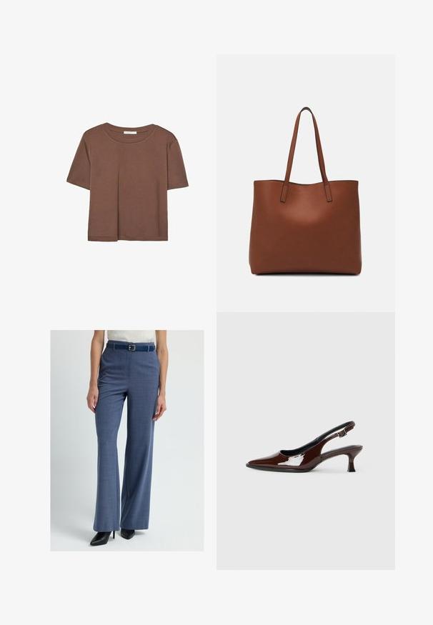 Hnědé tričko s krátkým rukávem vyrobené z měkké látky, s kulatým výstřihem a volným střihem. Bez viditelných vzorů nebo dekorací.; Modré kárované kalhoty s přiléhavým střihem, vysokým pasem a rozšířenými nohavicemi. Obsahují odpovídající pásek a mají hladkou, strukturovanou texturu.; Hnědé lakované kožené slingback boty s špičatou špičkou a mírným podpatkem. Disponují přezkou pro bezpečné upevnění. Hladký povrch.; Hnědá kožená taška přes rameno s hladkou texturou, otevřeným designem a dvěma ramenními popruhy. Obsahuje minimální švy a žádné viditelné kovové prvky.
