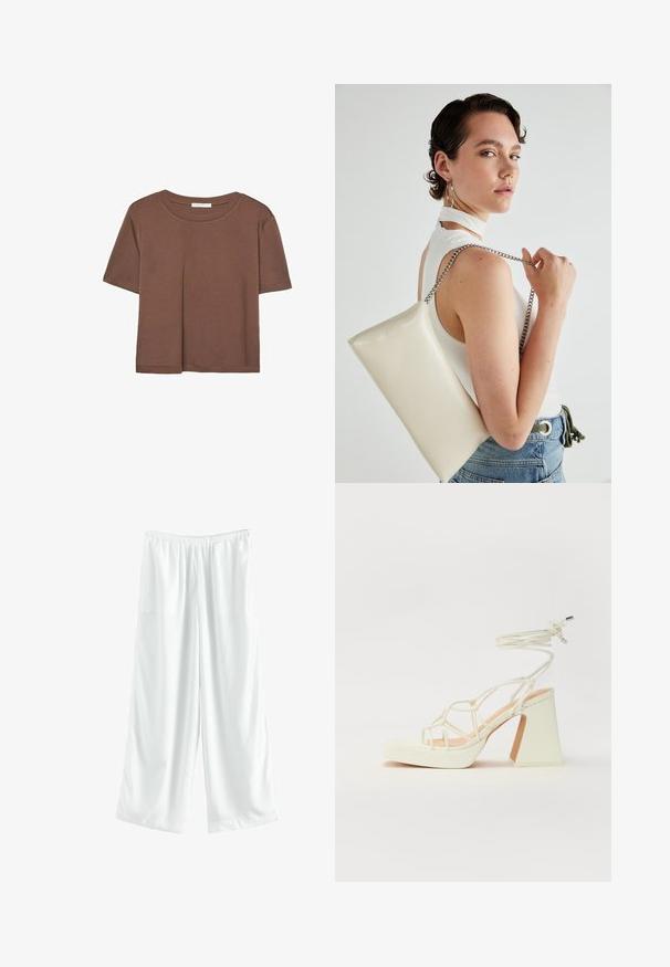 Brun kortærmet t-shirt lavet af blødt stof, med rund halsudskæring og afslappet pasform. Ingen synlige mønstre eller detaljer.; Hvide vide bukser med elastisk talje, lavet af glat stof, med en løs pasform og ingen synlige mønstre eller accenter.; Hvide højhælede sandaler med en kraftig hæl, der har et stropdesign og ankelbinding. Glat tekstur med en platform foran for ekstra højde.; Hvid rektangulær clutch-taske lavet af skinnende materiale, med en sølv kædetransport. Modellen poser, mens hun fremviser tasken mod en ensfarvet baggrund.