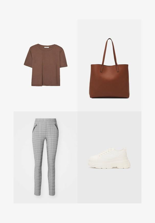 Rjava kratka majica s kratkimi rokavi iz mehkega materiala, s krožnim izrezom in ohlapnim krojem. Brez vidnih vzorcev ali dodatkov.; Sive karirane hlače slim kroja, z visokim pasom in zadrgo na stranskih žepih. Tkanina ima gladko teksturo in podroben vzorec.; Bela platnena teniska z debelim podplatom, okroglo konico in petimi luknjicami za vezalke. Zadaj je dodana zanka za enostavno obuvanje. Gladka tekstura, minimalistična zasnova.; Rjava usnjena torba z gladko teksturo, odprto zasnovo zgoraj in dvema naramnima trakovoma. Opremljena je z minimalnim šivanjem in brez vidnih kovinskih delov.