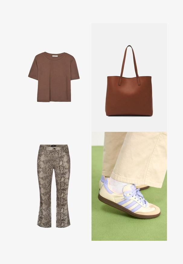 Brun kortærmet t-shirt lavet af blødt stof, med rund halsudskæring og afslappet pasform. Ingen synlige mønstre eller detaljer.; Slangeskindsprintede, flagrende jeans i afdæmpede beige og brune nuancer. Denim materiale med en struktureret overflade. Standard fem-lomme design og front lynlås.; Creme og lavendel sneakers med tre striber og en tekstureret brun sål, der har snørebånd og en polstret hæl. Blødt stof øvre.; Brun læder tote taske med en glat overflade, åben topdesign og to skulderremme. Har minimal syning og ingen synlig hardware.