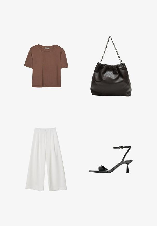 Hnedé tričko s krátkym rukávom vyrobené z jemného materiálu, s okrúhlym výstrihom a voľným strihom. Žiadne viditeľné vzory ani akcenty.; Biele široké nohavice s plisovaným predným dielom, zapínaním na gombík a hladkým povrchom látky. Vhodné na neformálne aj formálne podujatia.; Bershka Sandále na vysokom opätku - black; Hnedá kožená taška so zberaným vrchom a reťazovým popruhom. Hladký povrch s lesklým finišom a jemným švom po stranách.