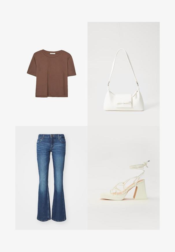 Korte mouwen T-shirt in bruin, gemaakt van een zachte stof, met een ronde halslijn en een relaxte pasvorm. Geen zichtbare patronen of accenten.; Flared jeans in middelblauwe denim. Voorzien van een rits met een metalen knoop, twee zijzakken en vervagingdetails bij de knieën.; Witte hoge hakken sandaal met een chunky hak, met een bandjesontwerp en enkelband. Gladde textuur met een plateau voor extra hoogte.; Witte synthetische handtas met een driehoekige vorm, platte voorklep en strikdetail, verstelbare schouderriem, gladde textuur en minimalistisch ontwerp.