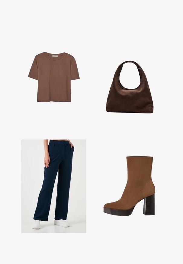Braunes, kurzärmliges T-Shirt aus weichem Material mit rundem Halsausschnitt und lockerer Passform. Keine sichtbaren Muster oder Akzente.; Marineblaue weit geschnittene Hose aus einem weichen, dehnbaren Stoff mit einem Kordelzugbund und seitlichen Taschen, kombiniert mit weißen Sneakers.; Braunes Wildleder-Ankle Boot mit runder Spitze, klobigem schwarz gestreiften Absatz und glatter Oberfläche. Besitzt ein enganliegendes Design ohne sichtbare Beschläge.; Weiche braune Hobo-Stil Handtasche mit einem einzigen breiten Trageriemen und einer geschwungenen Oberteilöffnung, auf einem weißen Hintergrund präsentiert.