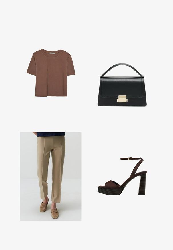 Korte mouwen T-shirt in bruin, gemaakt van een zachte stof, met een ronde halslijn en een relaxte pasvorm. Geen zichtbare patronen of accenten.; Beige op maat gemaakte broek met een gladde textuur, rechte voorkant en subtiele zijsplitten aan de zoom, gecombineerd met lichtbeige instap schoenen.; Bruine suède high-heeled sandaal met een open teen, verstelbare enkelband en een gestreepte plateauzool.; Zwarte lederen handtas met een gestructureerd ontwerp, bovenhandgreep en een gouden metalen sluitingdetails aan de voorkant. Gladde textuur, minimale stiksels.
